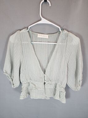 Frankie Phoenix Light Blue Textured Puff-Sleeve Button-Front Blouse